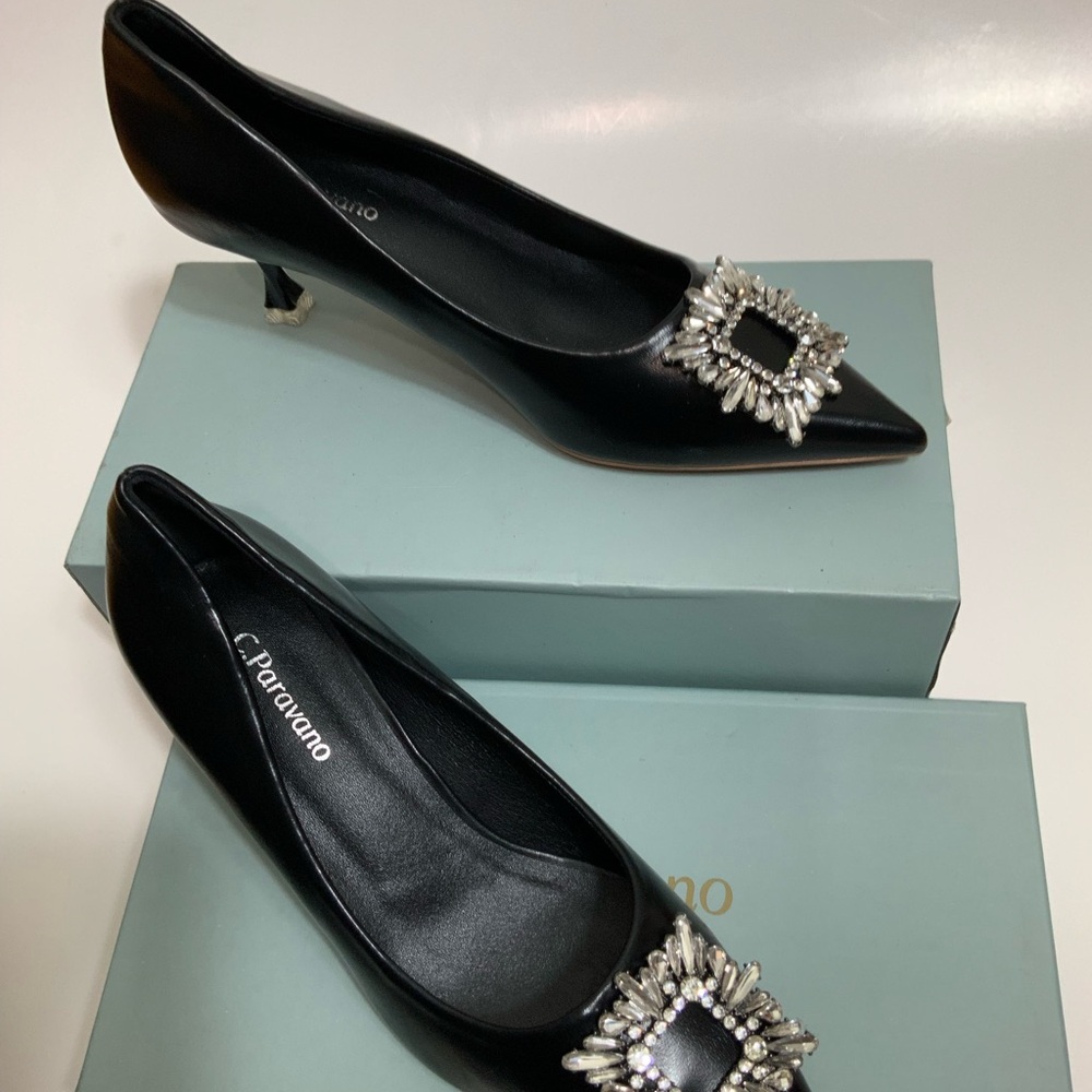 C.PARAVANO Black Crystal Buckle Pumps Size 6.5 US / 37 EU Kitten Heels Elegant - Picture 6 of 10
